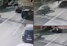 Momentul în care tânăra care dădea examenul pentru permis a făcut accident, în Brăila, surprins de camerele video. Cine a fost de vină?